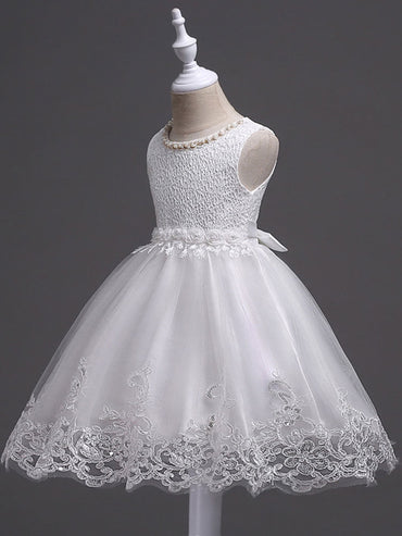 White Tutu Kids Dinner Party Dresses Lace Applique Pearls Tassels Princess Social Dresses-showprettydress