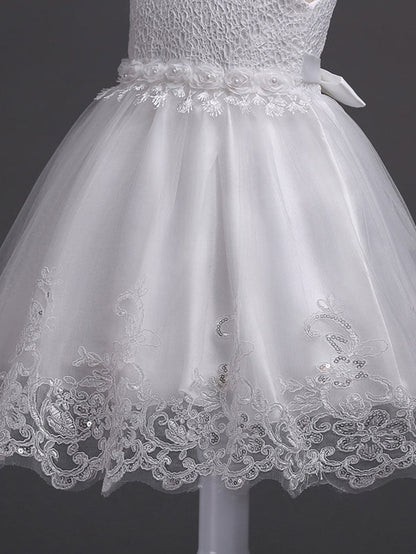 White Tutu Kids Dinner Party Dresses Lace Applique Pearls Tassels Princess Social Dresses-showprettydress