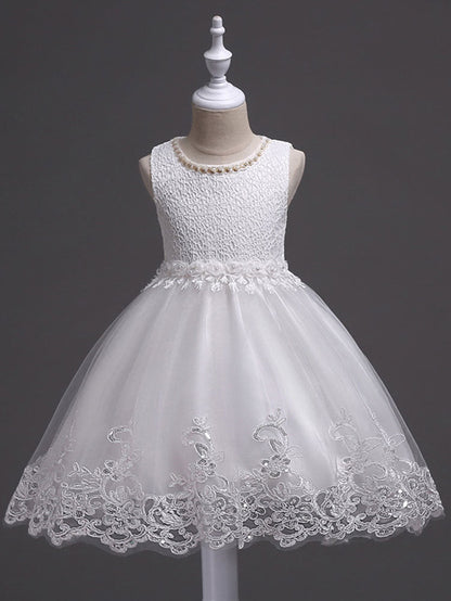 White Tutu Kids Dinner Party Dresses Lace Applique Pearls Tassels Princess Social Dresses-showprettydress