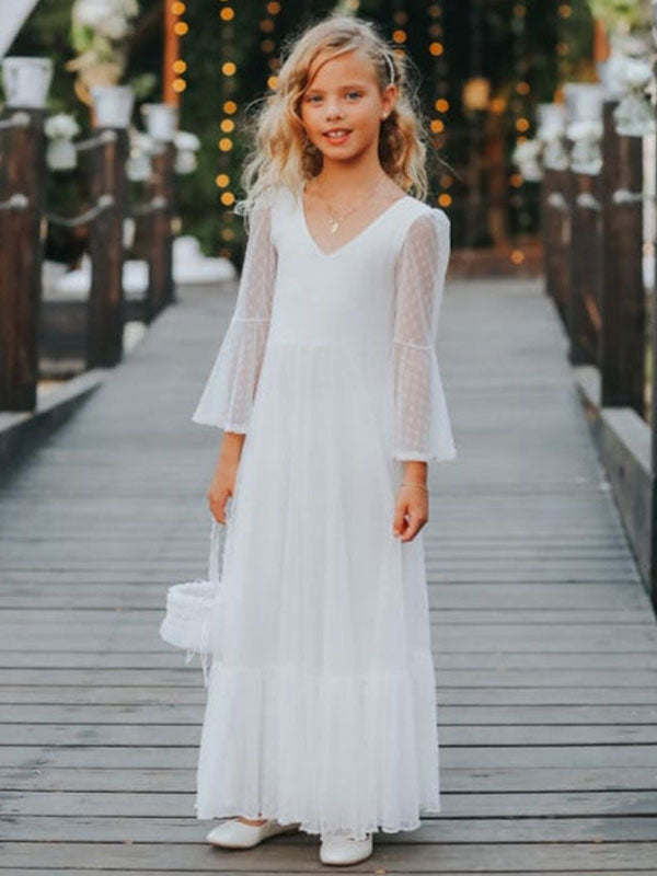 White V-Neck Lace Long Sleeves Floor-Length A-Line Lace Kids Social Party Dresses-showprettydress