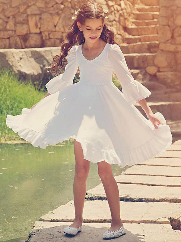 White V-Neck Long Sleeves Formal Kids Pageant flower girl dresses-showprettydress