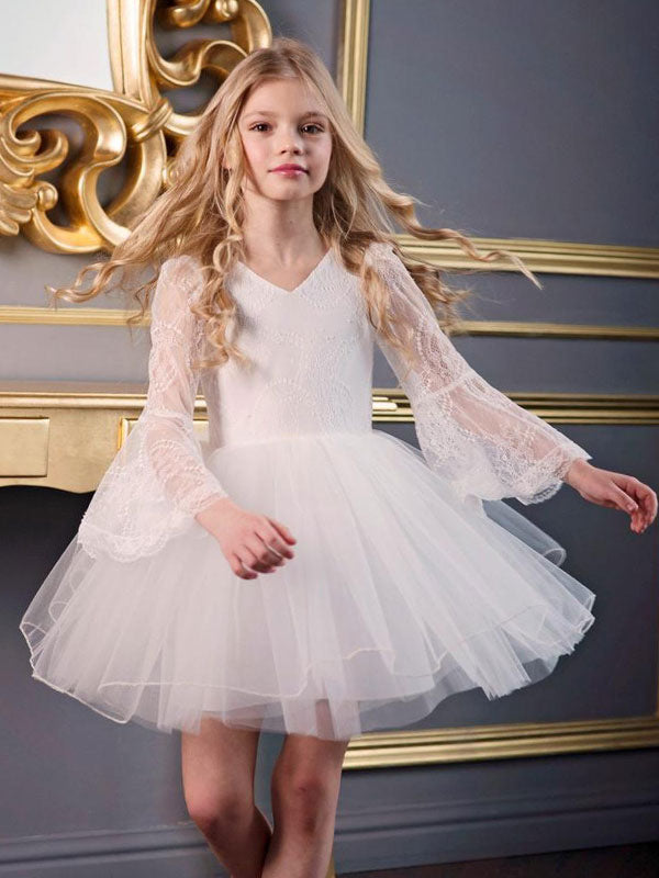 White V-Neck Long Sleeves Polyester Kids Social Party Dresses-showprettydress