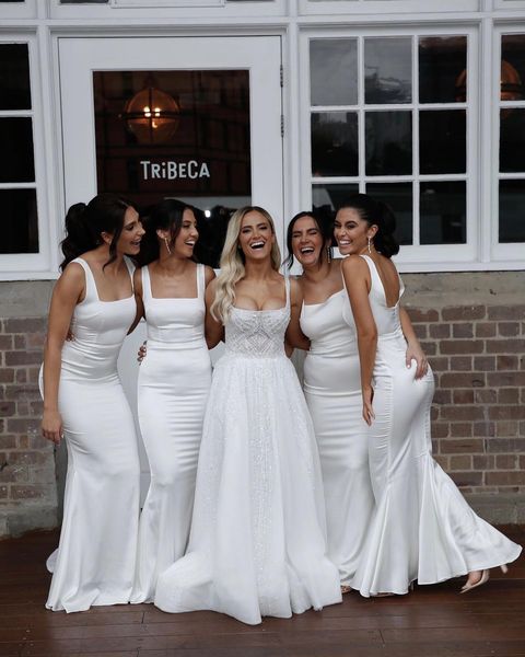 White Satin Bridesmaid Dresses Mermaid Square Floor Length Wedding Guest Dress