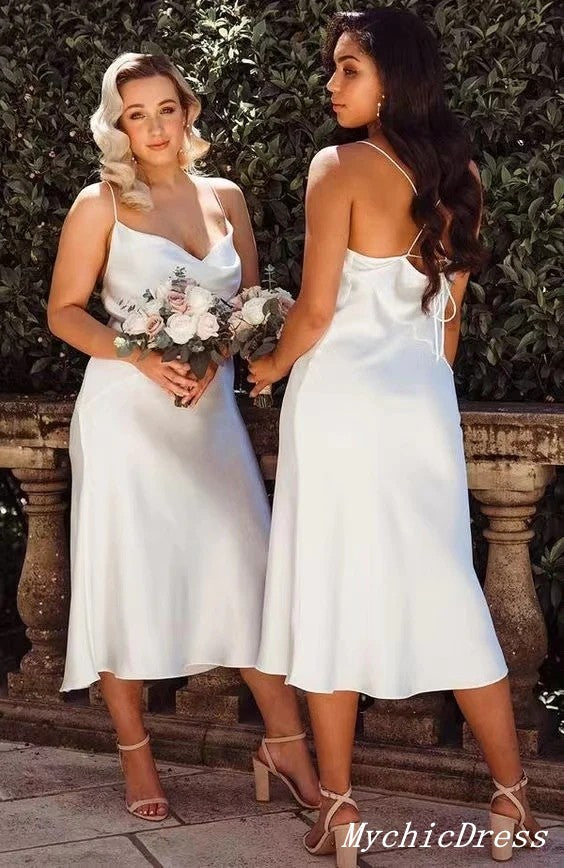 White Spaghetti Straps Simple Short Satin Beach Bridesmaid Dresses