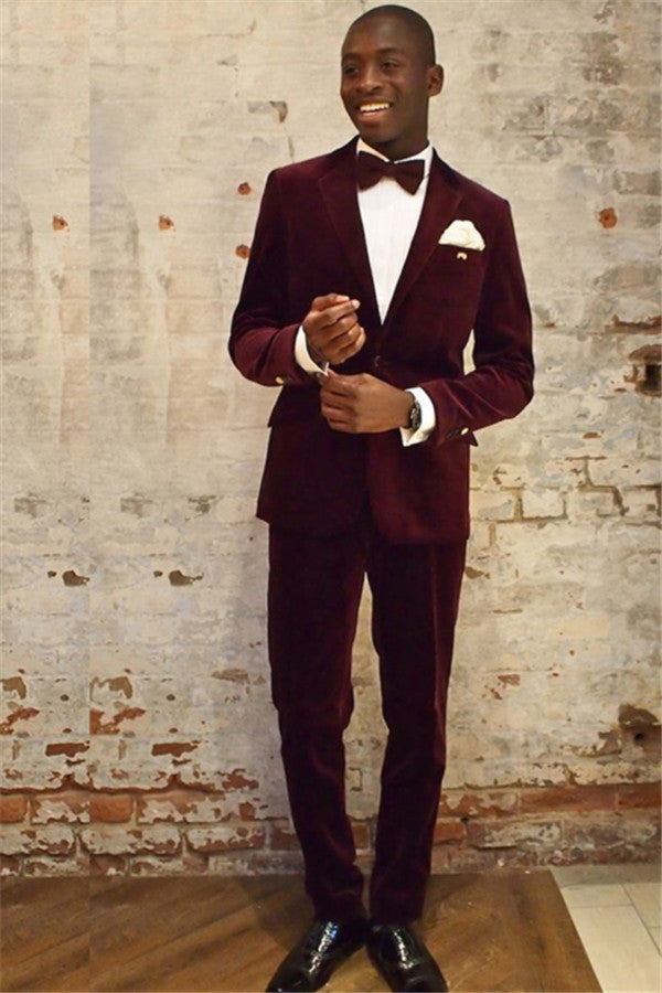 Wine Red Velvet Notched Lapel Classic Mens Suits Online-showprettydress