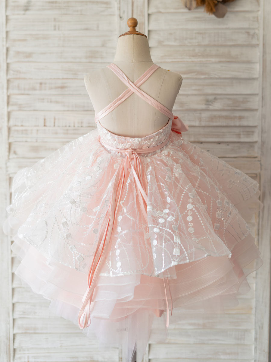 With Sash Pink Sleeveless Backless Short Tulle Kids Party Dresses-showprettydress