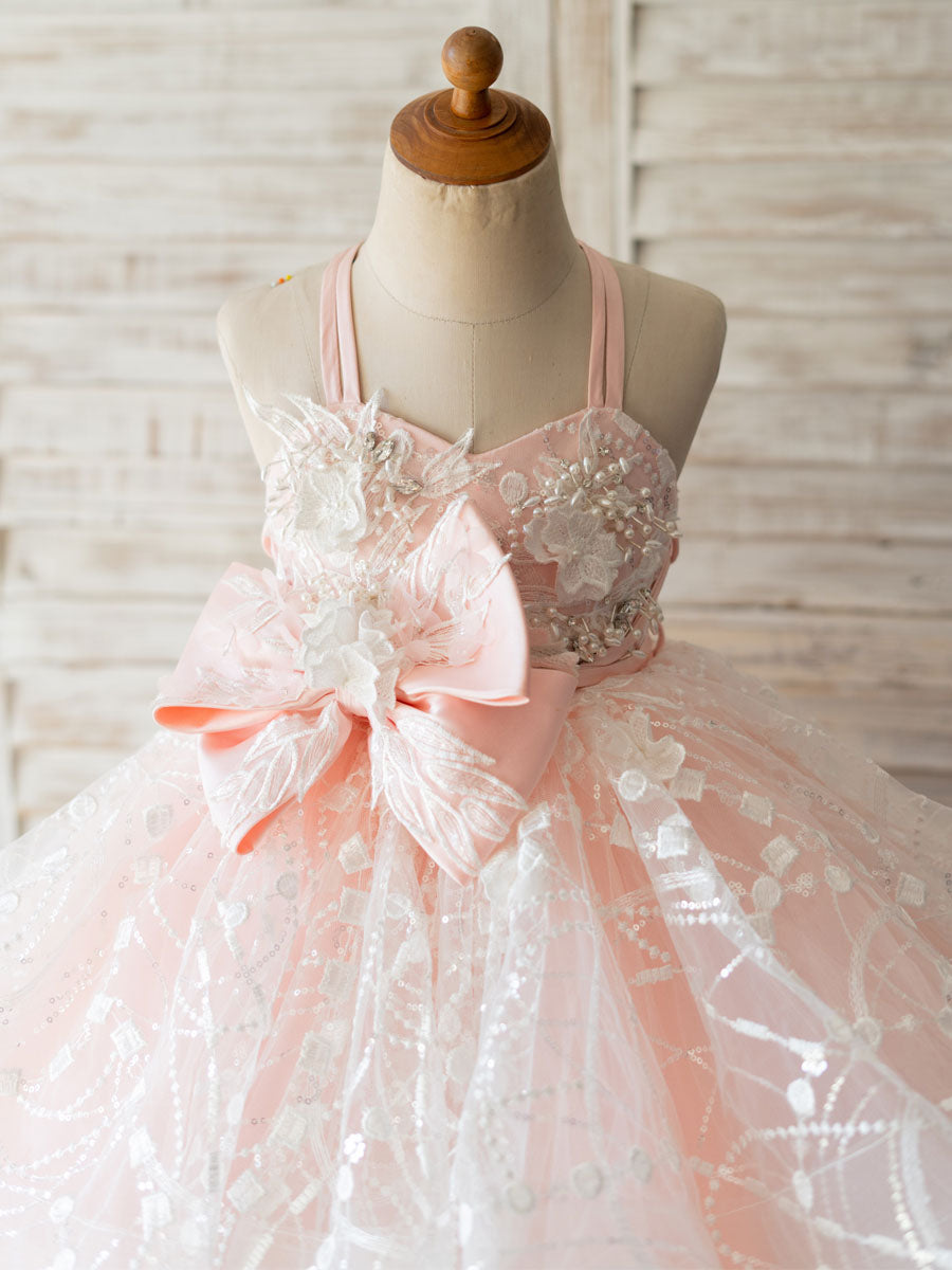 With Sash Pink Sleeveless Backless Short Tulle Kids Party Dresses-showprettydress