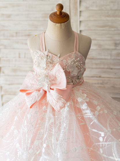 With Sash Pink Sleeveless Backless Short Tulle Kids Party Dresses-showprettydress