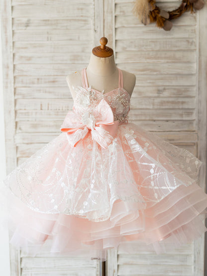 With Sash Pink Sleeveless Backless Short Tulle Kids Party Dresses-showprettydress