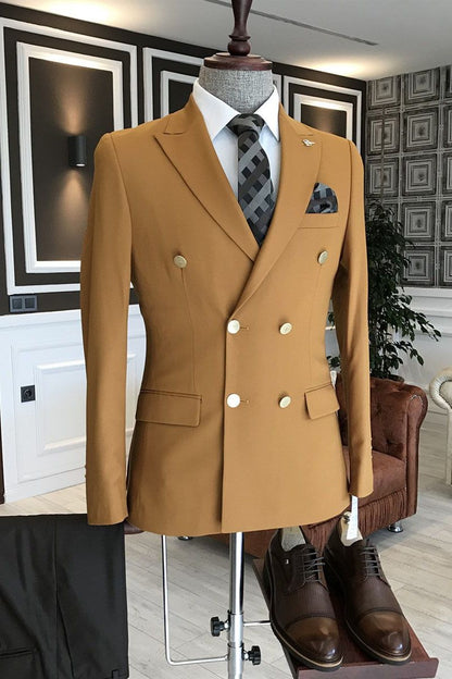 Yellow Double Breasted Formal Business Bespoke Men Suits For Business-showprettydress