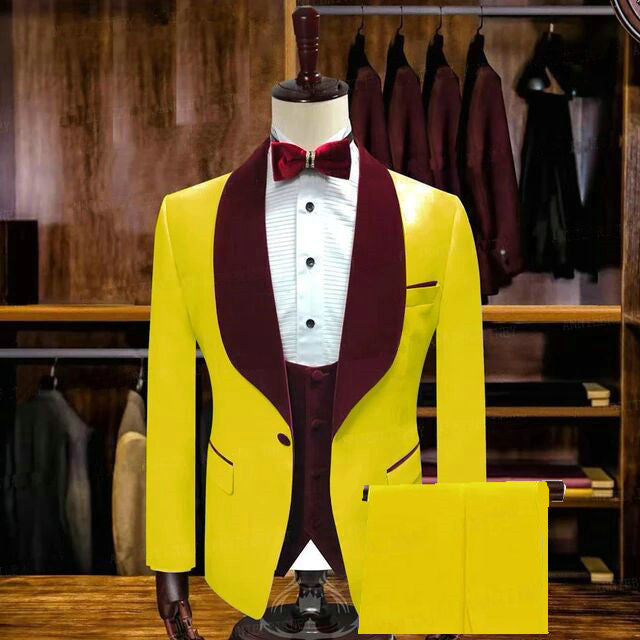 Yellow One Button Wedding Groom Suits with Velvet Lapel-showprettydress