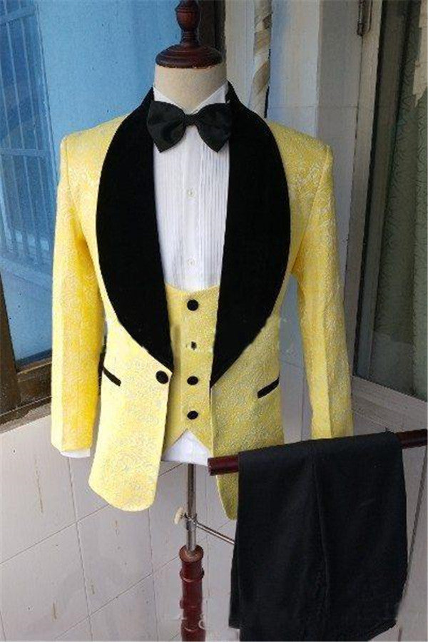 Yellow Slim Fit Lapel Shawl Prom Dress Suit Bespoke Jacquard Men Formal Party Blazer-showprettydress