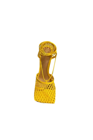 Yellow Stiletto Heel Lace Up Fishnet High Heel Sandals