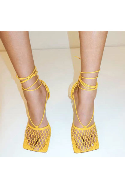 Yellow Stiletto Heel Lace Up Fishnet High Heel Sandals