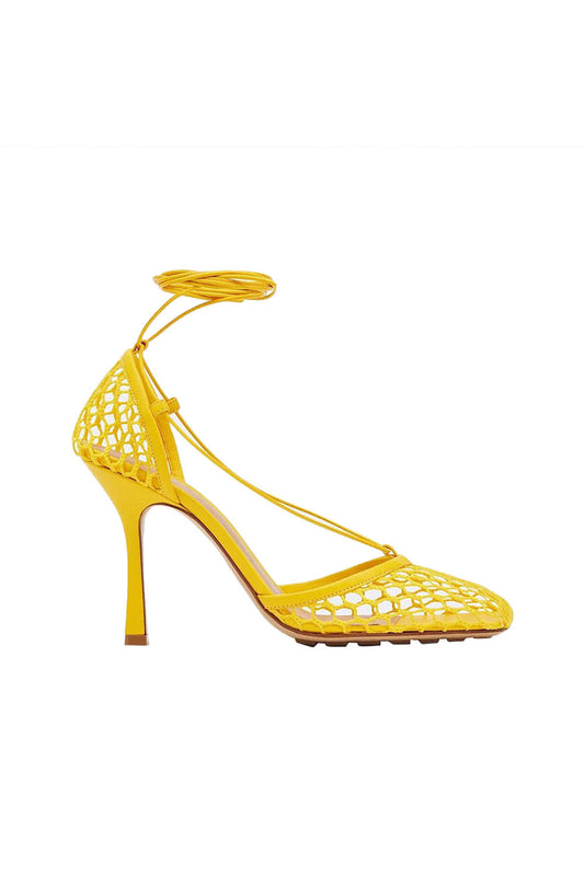 Yellow Stiletto Heel Lace Up Fishnet High Heel Sandals