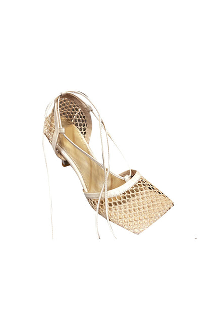 Yellow Stiletto Heel Lace Up Fishnet High Heel Sandals