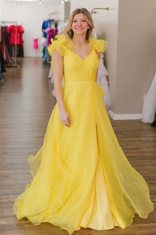 Roycebridal Yellow Surplice Ruffle Straps Tulle Long Prom Dress with Slit