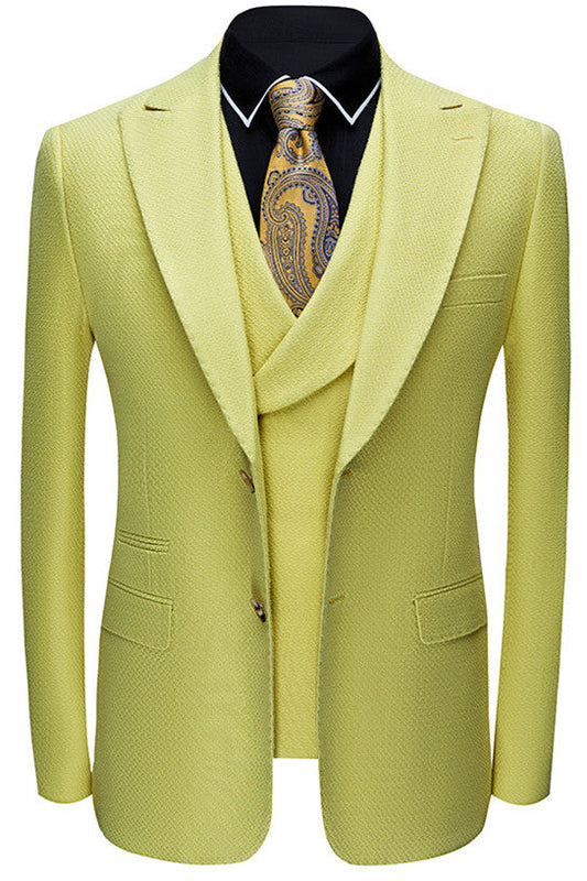 Yellow Three Pieces Peaked Lapel Designer Prom Suits for Men-showprettydress