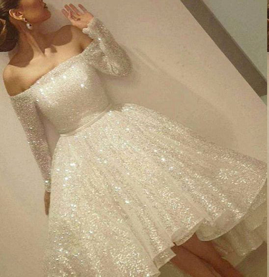 Roycebridal Stunning Sequins Off the Shoulder Long Sleeves Prom Dresses