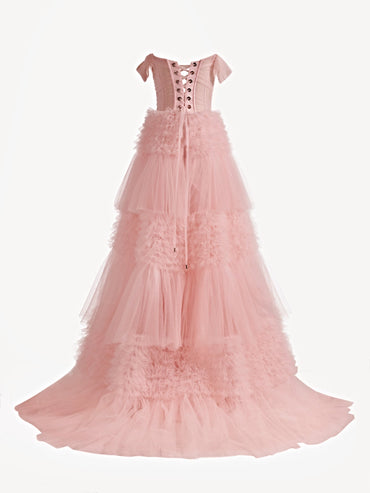 Roycebridal Zariah | Blush Princess A line Off Shoulder Ruffled Tulle Prom Dress