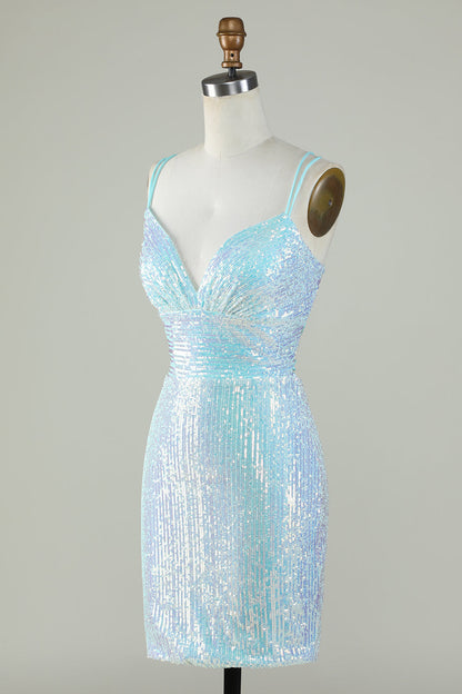 Sparkly Light Blue Sheath Sequins Short Homecoming Dress with Criss Cross Back