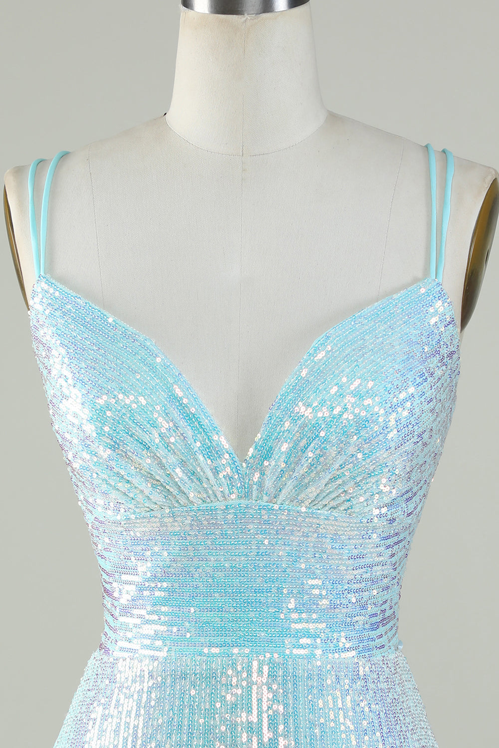 Sparkly Light Blue Sheath Sequins Short Homecoming Dress with Criss Cross Back