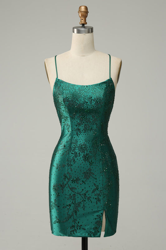 Dark Green Beaded Tight Homecoming Dress With Criss Cross Back