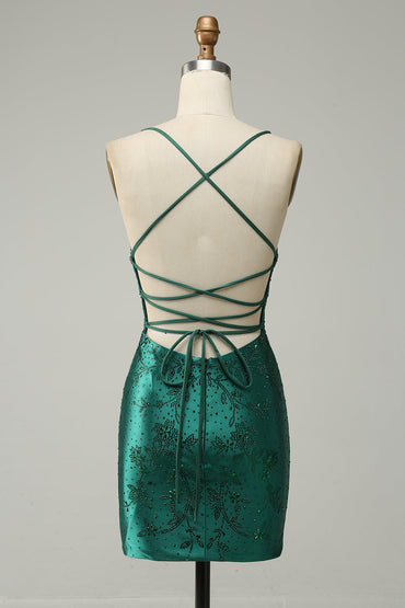 Dark Green Beaded Tight Homecoming Dress With Criss Cross Back