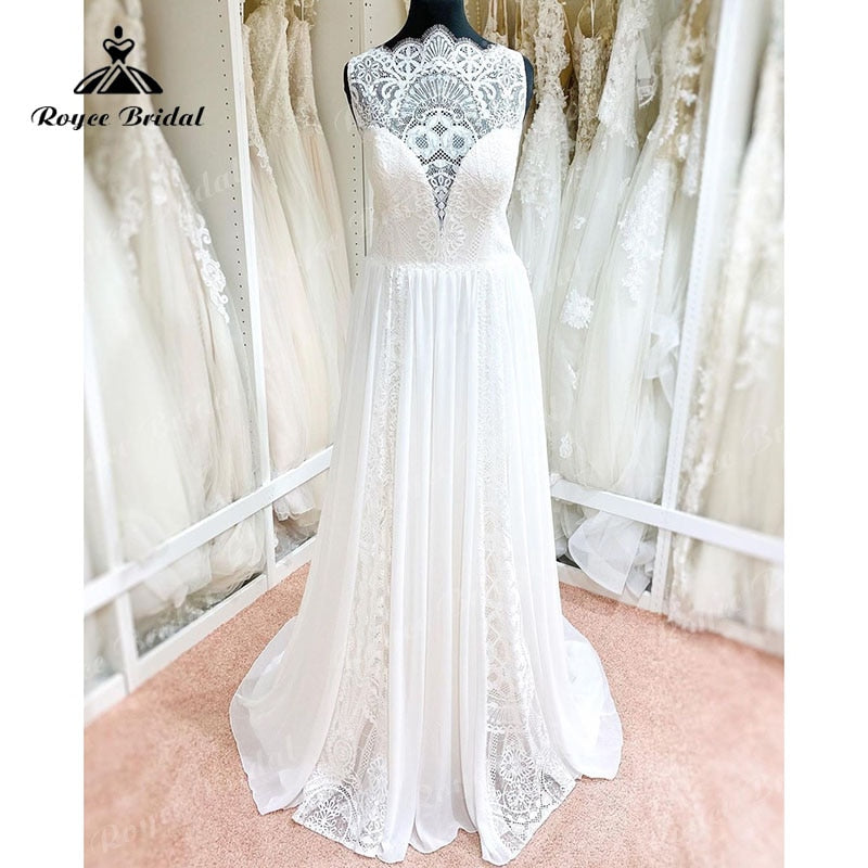 Robe Mariage A Line Scalloped Neck Wedding Dress Lace Chiffon Sleeveless Illusion Bohemian Bridal Gowns robe soirée mariage