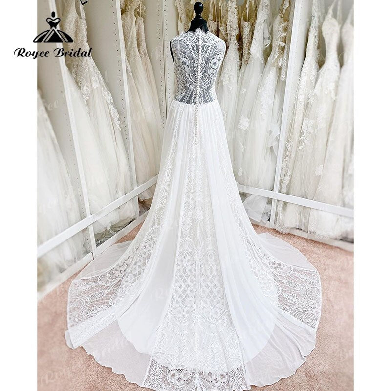 Robe Mariage A Line Scalloped Neck Wedding Dress Lace Chiffon Sleeveless Illusion Bohemian Bridal Gowns robe soirée mariage