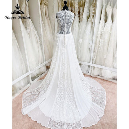 2021 Robe Mariage A Line Scalloped Neck Wedding Dress Lace Chiffon Sleeveless Illusion Bohemian Bridal Gowns robe soirée mariage