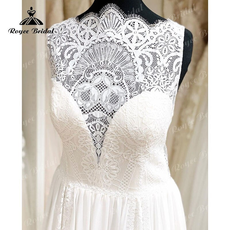 Robe Mariage A Line Scalloped Neck Wedding Dress Lace Chiffon Sleeveless Illusion Bohemian Bridal Gowns robe soirée mariage