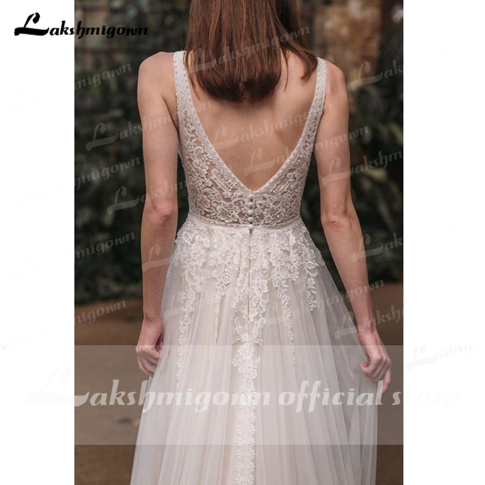 2021 Beach Boho Deep V Neck Sleeveless Sexy High Split Lace Wedding Dresses - ROYCEBRIDAL OFFICIAL STORE