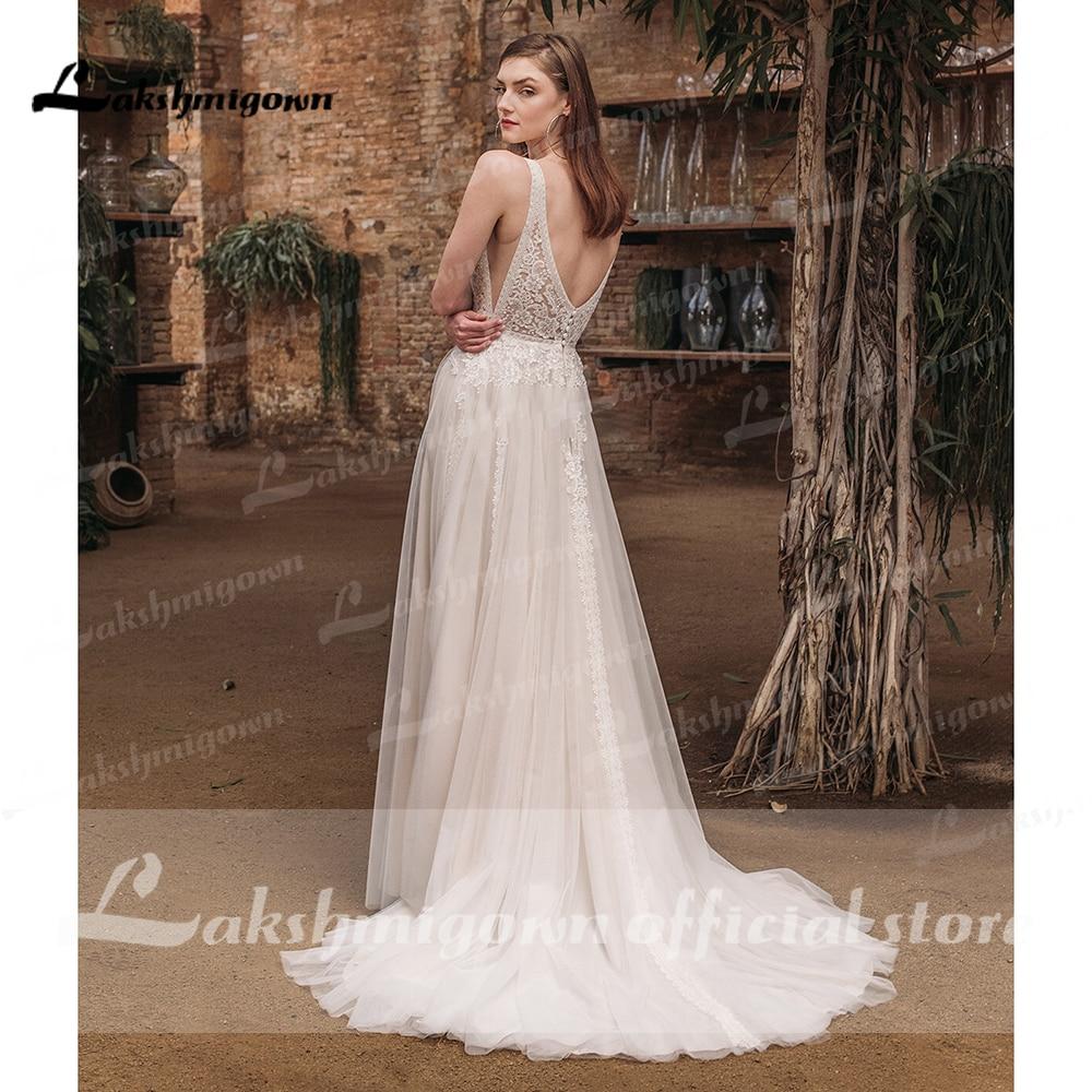 2021 Beach Boho Deep V Neck Sleeveless Sexy High Split Lace Wedding Dresses - ROYCEBRIDAL OFFICIAL STORE