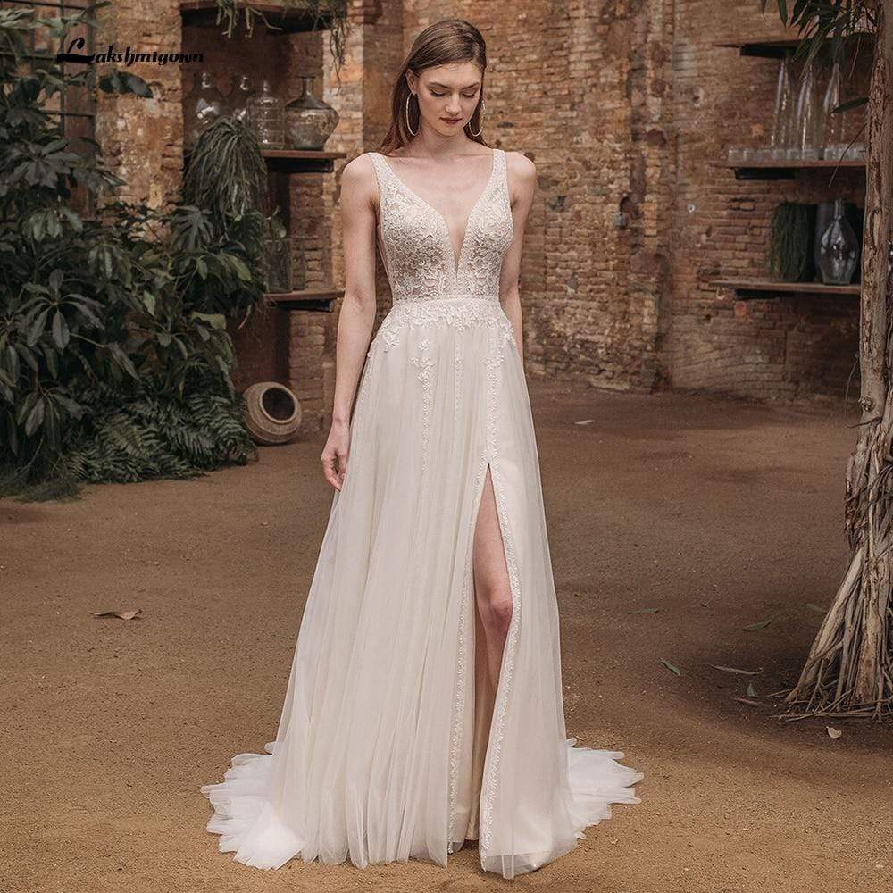 2021 Beach Boho Deep V Neck Sleeveless Sexy High Split Lace Wedding Dresses - ROYCEBRIDAL OFFICIAL STORE