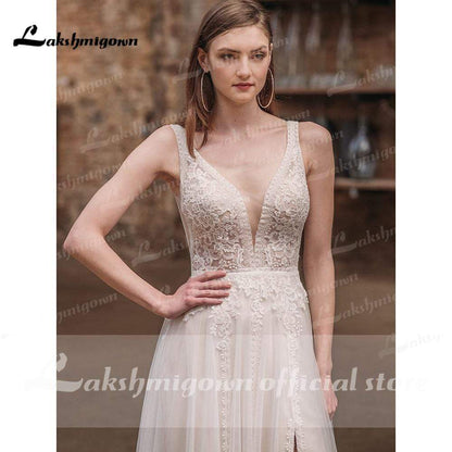 2021 Beach Boho Deep V Neck Sleeveless Sexy High Split Lace Wedding Dresses - ROYCEBRIDAL OFFICIAL STORE