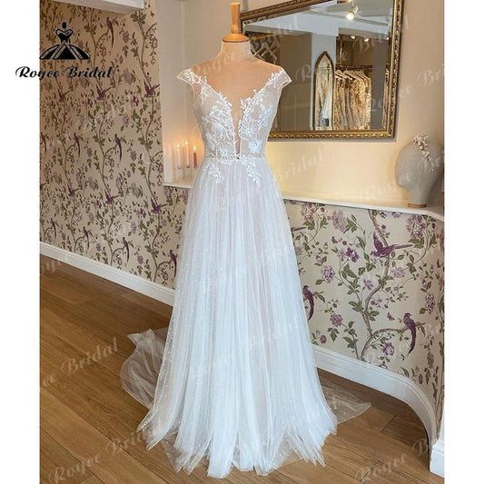 2022 A Line Mariage Vestidos Wedding Dress Deep V Neck Lace Floral Applique Cap Sleeve Boho Wedding Gown trajes de novias largos