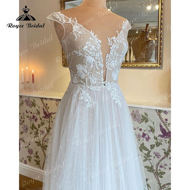 2022 A Line Mariage Vestidos Wedding Dress Deep V Neck Lace Floral Applique Cap Sleeve Boho Wedding Gown trajes de novias largos