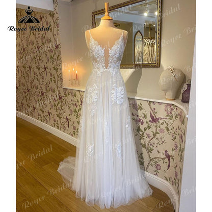 2022 Robe Mariage A Line Boho Wedding Dress with V Neck Lace Appliqued Spaghetti Straps Sweep vestido para boda playa elegant