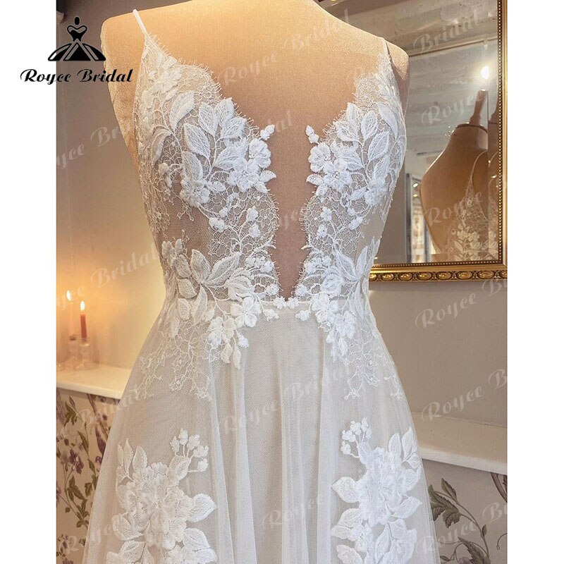 Robe Mariage A Line Boho Wedding Dress with V Neck Lace Appliqued Spaghetti Straps Sweep vestido para boda playa elegant