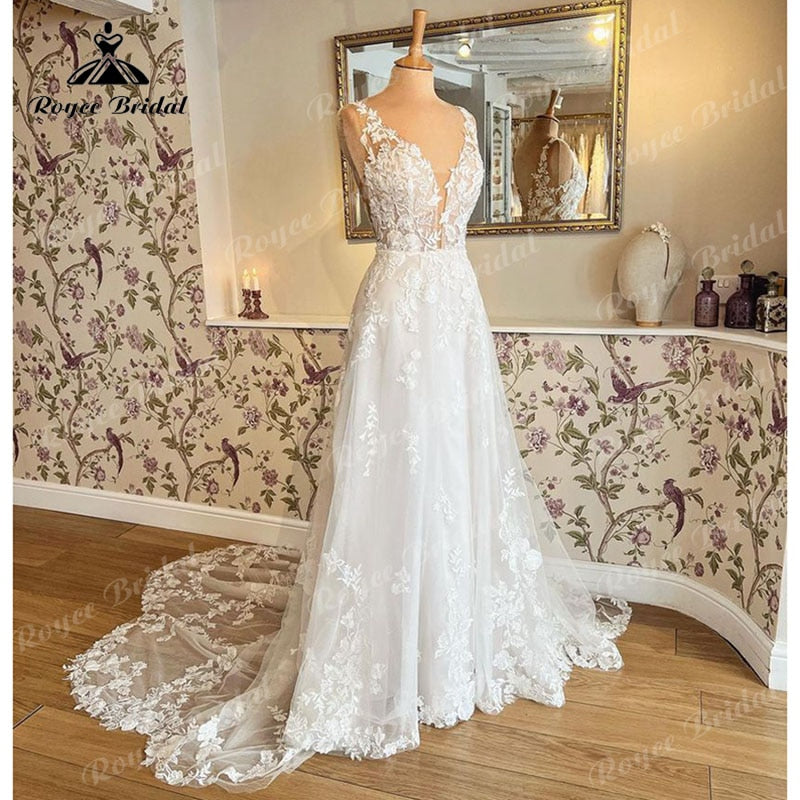 2022 Robe Mariage A Line Tank Wedding Dress Deep V Neck Lace Floral Appliqued Bridal Gown Wedding Gown Vestidos de Noiva Elegant