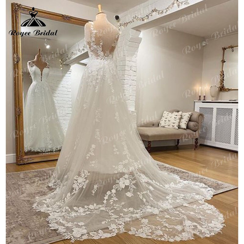 2022 Robe Mariage A Line Tank Wedding Dress Deep V Neck Lace Floral Appliqued Bridal Gown Wedding Gown Vestidos de Noiva Elegant