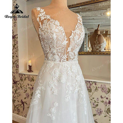 Robe Mariage A Line Tank Wedding Dress Deep V Neck Lace Floral Appliqued Bridal Gown Wedding Gown Vestidos de Noiva Elegant