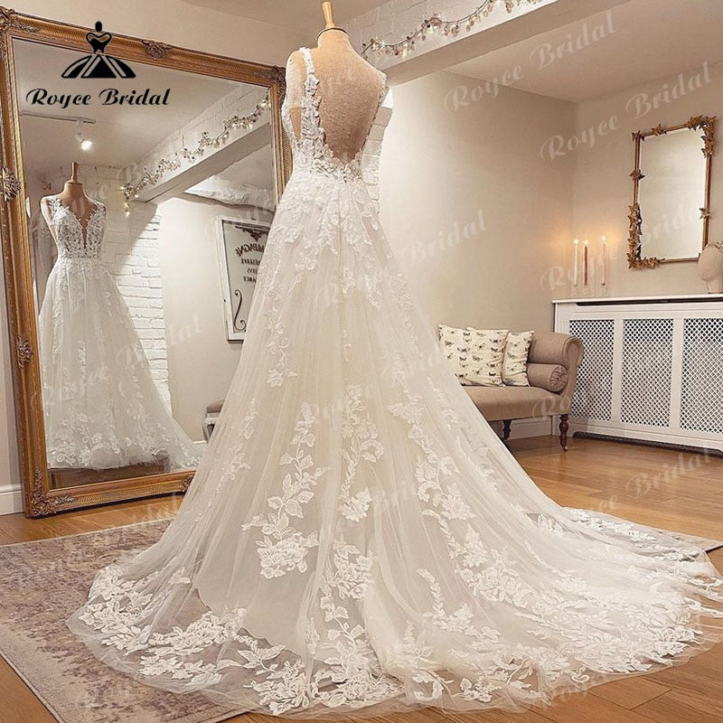 2022 Robe Mariee Sleeveless V Neck Wedding Dress Lace Applique Blush Pink Backless Bridal Gown robe de soirée de mariage Elegant