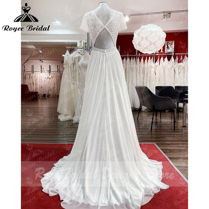 2022 Robe Plunging Wedding Dress Open Back Short Sleeve V Neck Lace Bodice Chiffon Wedding Gowns Custom Made vestido de noiva