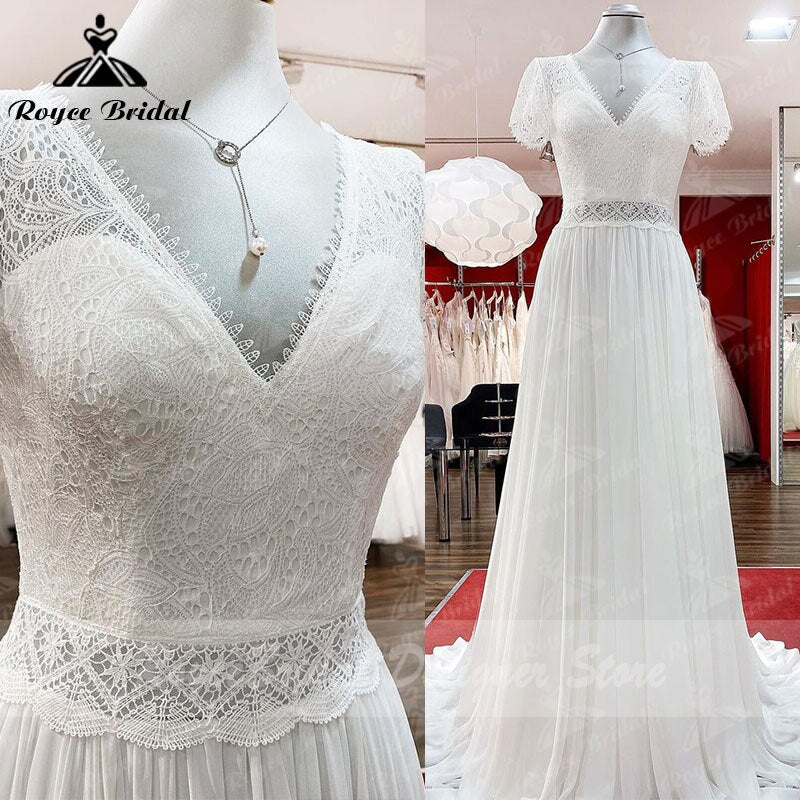 2022 Robe Plunging Wedding Dress Open Back Short Sleeve V Neck Lace Bodice Chiffon Wedding Gowns Custom Made vestido de noiva