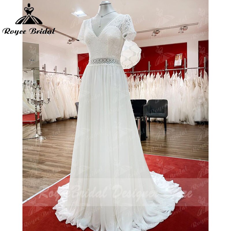 2022 Robe Plunging Wedding Dress Open Back Short Sleeve V Neck Lace Bodice Chiffon Wedding Gowns Custom Made vestido de noiva