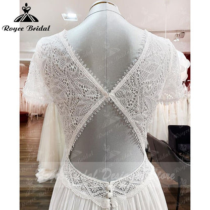 Robe Plunging Wedding Dress Open Back Short Sleeve V Neck Lace Bodice Chiffon Wedding Gowns Custom Made vestido de noiva