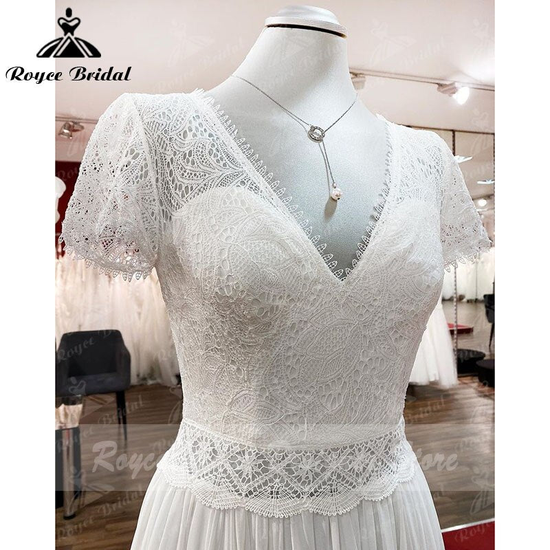 Robe Plunging Wedding Dress Open Back Short Sleeve V Neck Lace Bodice Chiffon Wedding Gowns Custom Made vestido de noiva