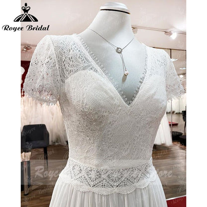 2022 Robe Plunging Wedding Dress Open Back Short Sleeve V Neck Lace Bodice Chiffon Wedding Gowns Custom Made vestido de noiva